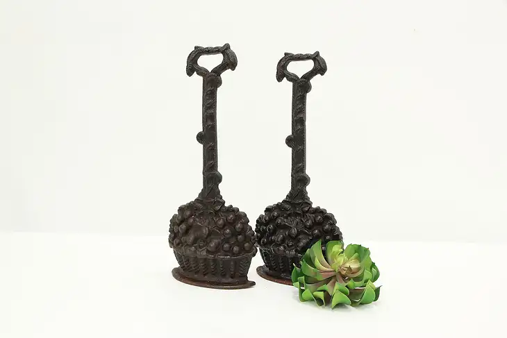 Pair of Antique Farmhouse Iron Door Stops, Flower Baskets #44013