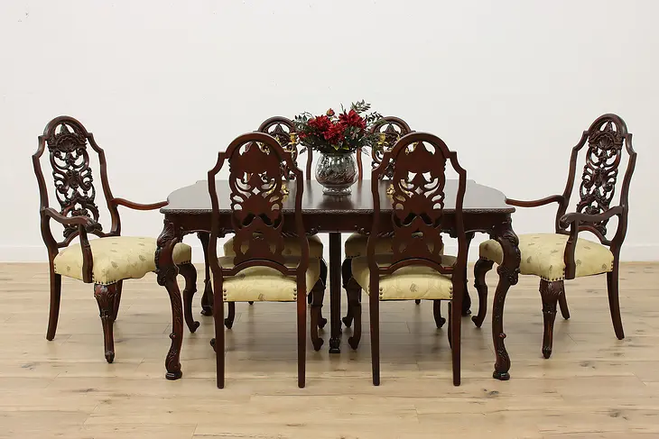 Carved Mahogany Vintage Dining Set, Table, 6 Chairs #45972