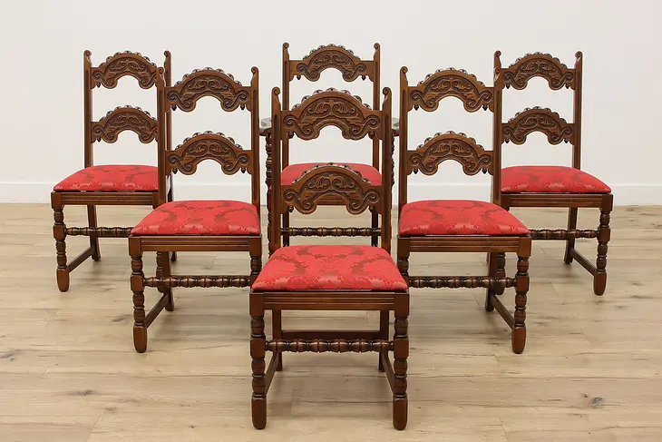 Set of 6 Tudor Vintage Oak Dining Chairs, New Upholstery #46436
