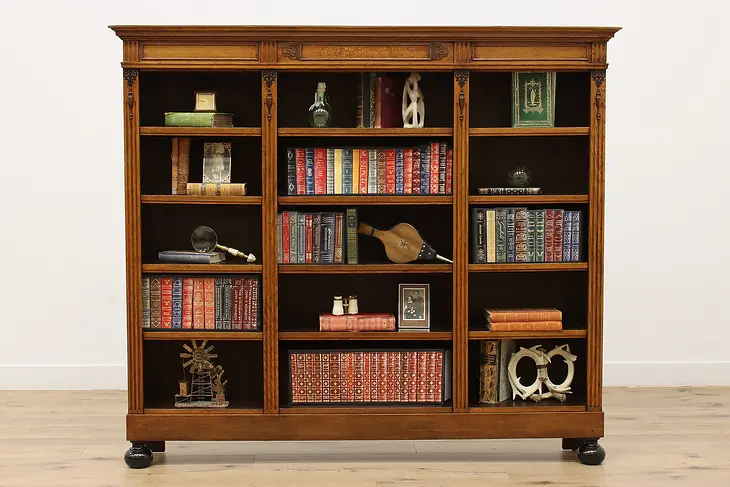 Tudor Design Antique Oak Triple Bookcase or Display Cabinet #46126