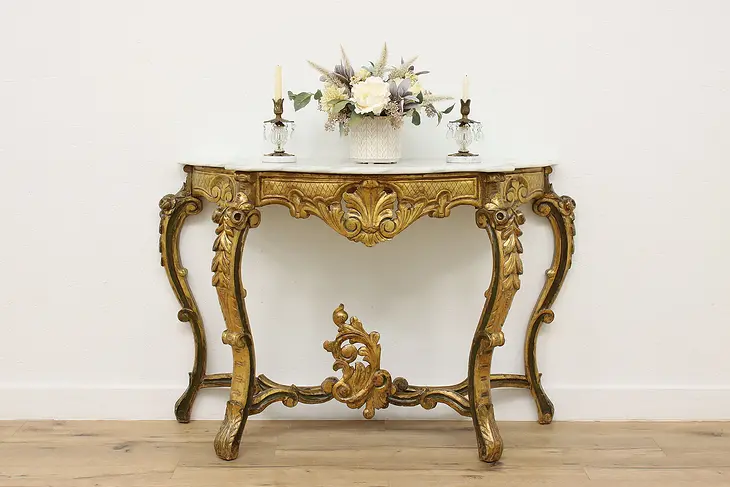 Italian Rococo Antique Carved Console or Sofa Table, Marble #46427