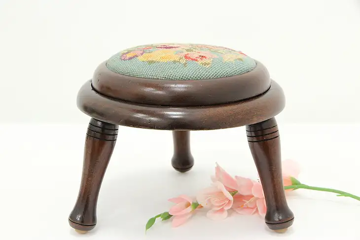 Victorian Farmhouse Antique Mahogany & Needlepoint Footstool #46293