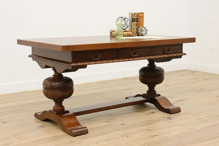 Tudor Design Carved Oak Office Library Antique Desk or Table #46358