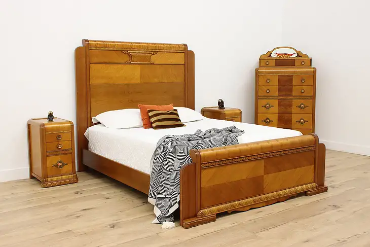 Art Deco Vintage Waterfall 4 Pc. Bedroom Set, Queen Size Bed #46075