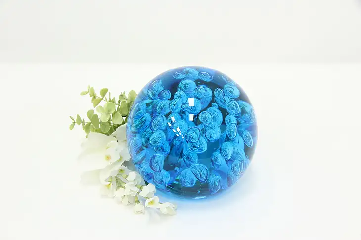 Aquamarine Blue Vintage Giant Glass Paperweight, Bubbles #46178