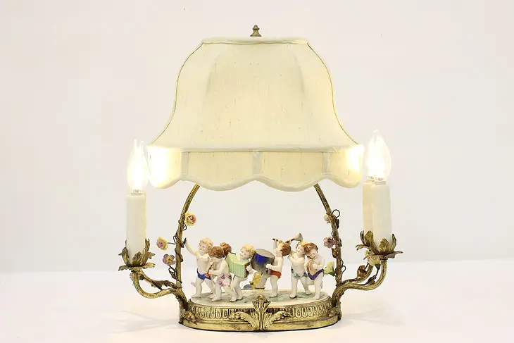 French Antique Brass Lamp, Porcelain Cherub Musician Band #45947