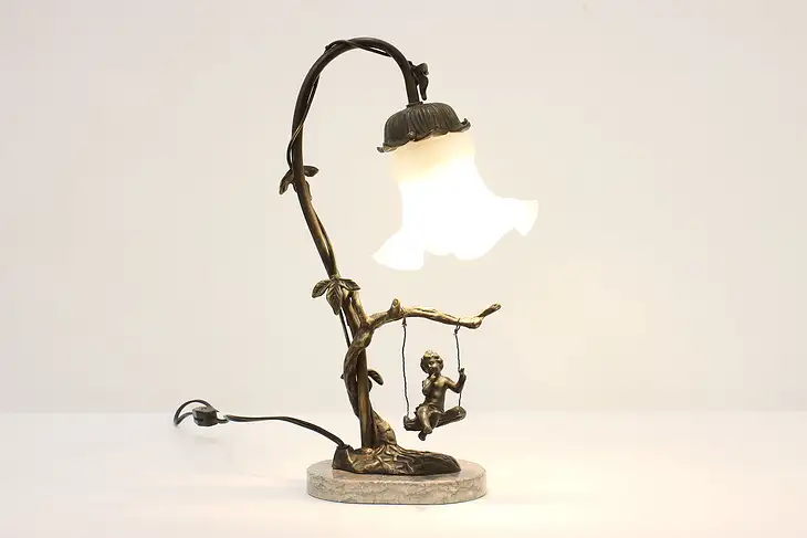 Art Nouveau Antique Brass & Marble Desk Lamp, Angel on Swing #45620