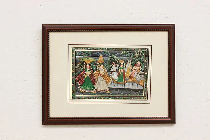 Indian Women & Well Vintage Original Watercolor Painting 20" #45535