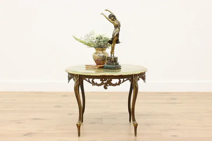 Onyx Top Antique Cast Brass Filigree Base Coffee Table #45208