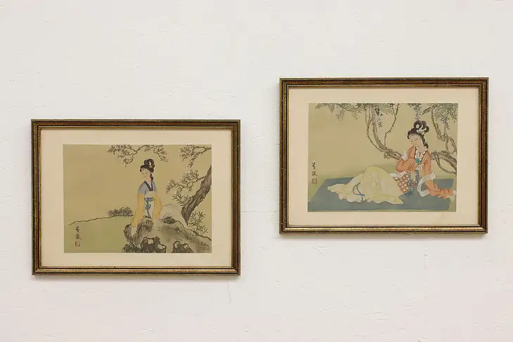 Pair of Japanese Women Original Antique Watercolor Portraits #46238