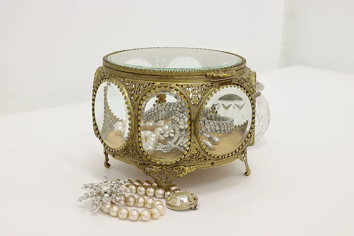 Gold Filigree & Beveled Glass Vintage Jewelry Box #45649