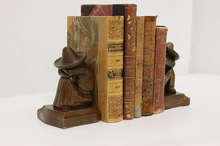 Pair of Vintage Carved Sleeping Couple w/ Sombreros Bookends #46155