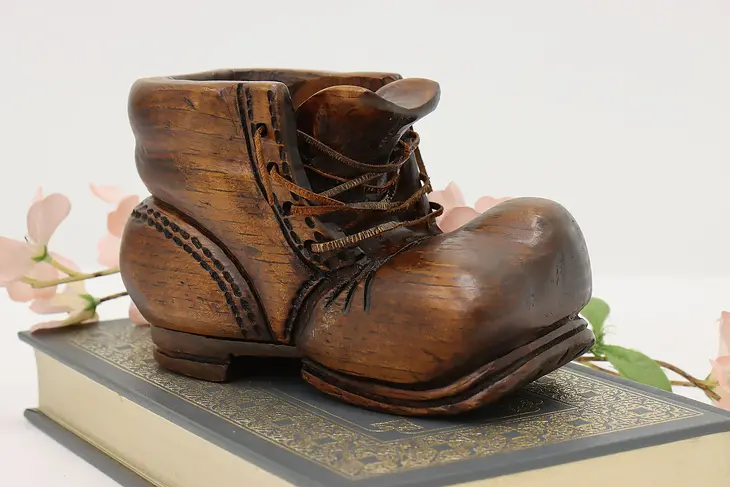 Swiss Folk Art Vintage Carved Pine Shoe, Thorens Music Box #46099