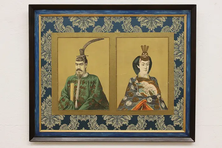 Japanese Emperors Vintage Ink on Paper Double Portrait 34.5" #46239
