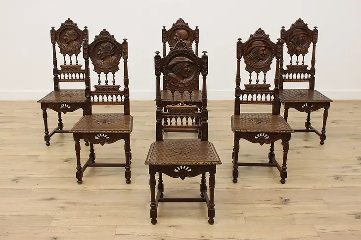 Set of 6 French Brittany Oak Dining Chairs, Carved Couples #46482