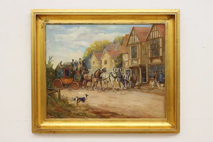 Coach Arriving Antique Original Oil Painting, Stillwell 37" #46451