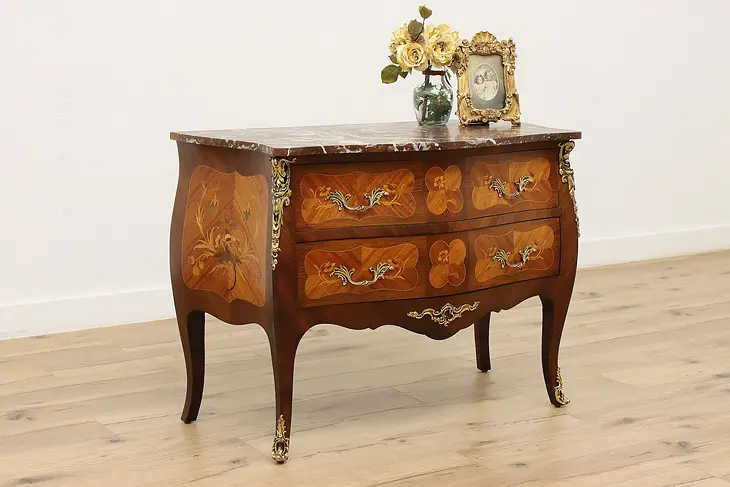 Italian Antique Bombe Marquetry Dresser or Hall Chest Marble #46102