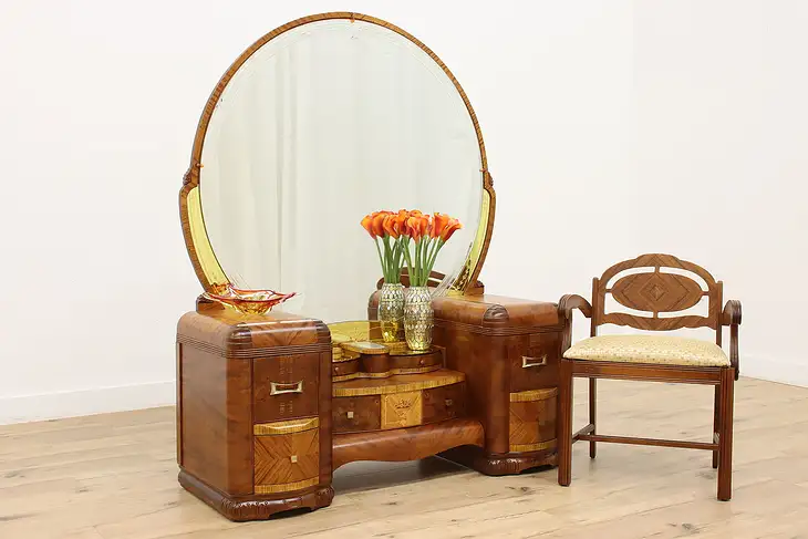 Art Deco Vintage Waterfall Walnut & Rosewood Vanity & Bench #45450