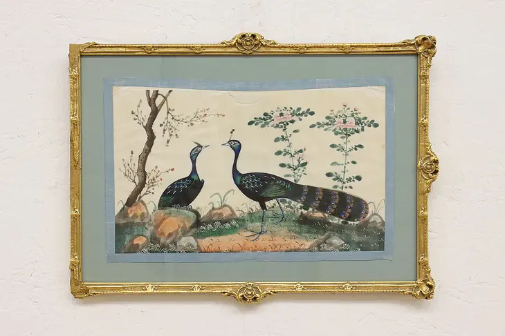 Asian Birds Antique Original Watercolor Painting on Silk 17" #46518