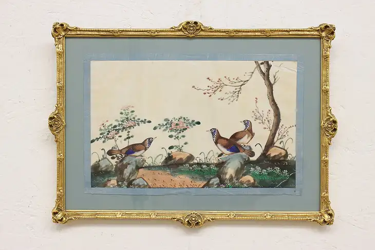 Asian Birds Antique Original Watercolor Painting on Silk 17" #46519