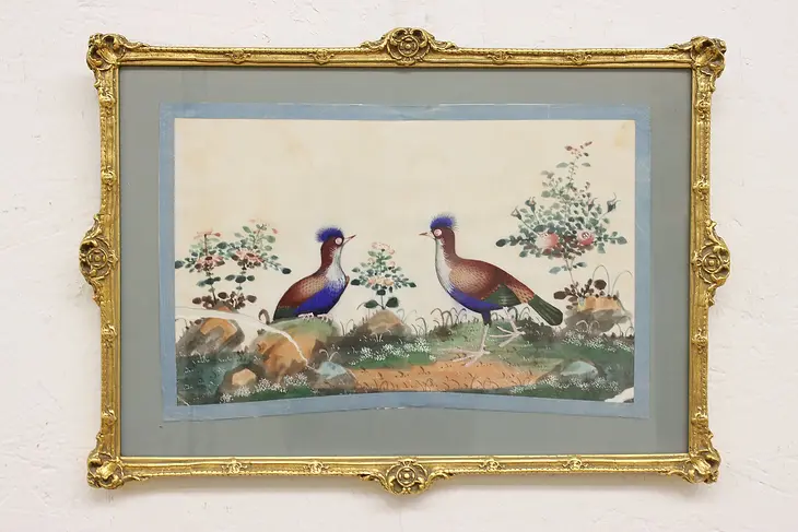 Asian Birds Antique Original Watercolor Painting on Silk 17" #46520