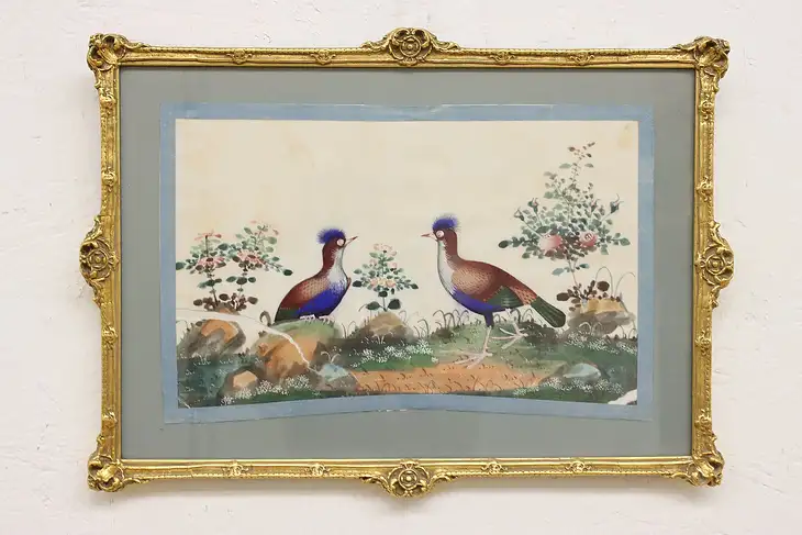 Asian Birds Antique Original Watercolor Painting on Silk 17" #46520