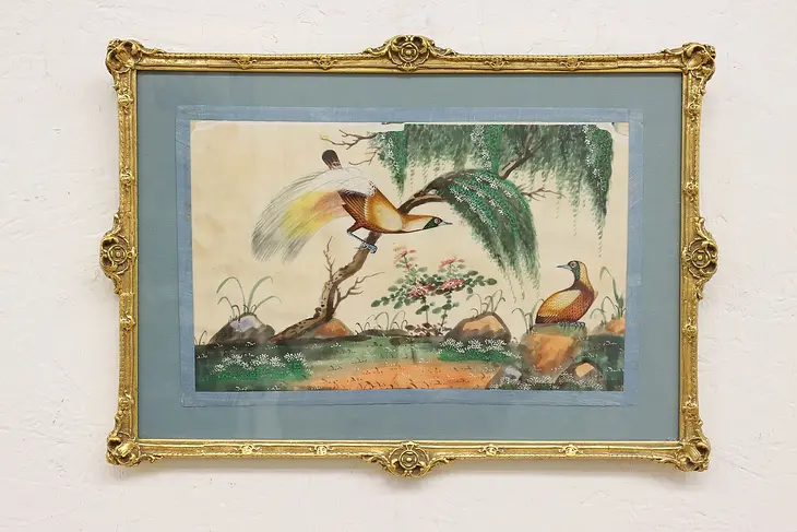 Asian Birds Antique Original Watercolor Painting on Silk 17" #46521