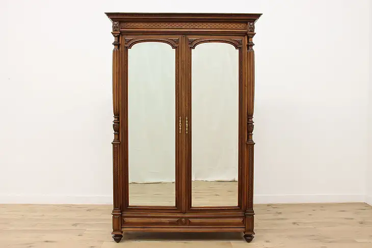 Renaissance Design Antique Carved Walnut Armoire, Mirrors #46024