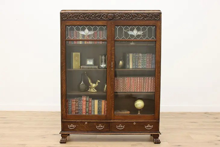 Victorian Antique Oak Bookcase Display Cabinet, Carved Face #46312