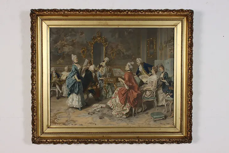 French Musical Salon Antique Print, Gold Frame, Signed 34.5" #46464