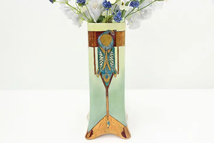 French Limoges Antique Art Deco Hand Painted Vase, Peacocks #46454