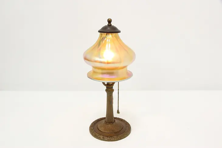 Gilt Iron Antique Boudoir or Desk Lamp, Art Glass Shade #45625