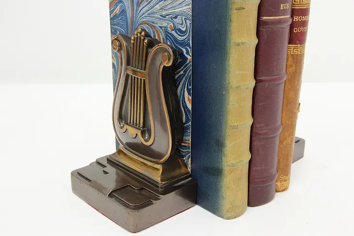 Pair Vintage Bronze Finish Harp Lyre Bookends Philadelphia #45549