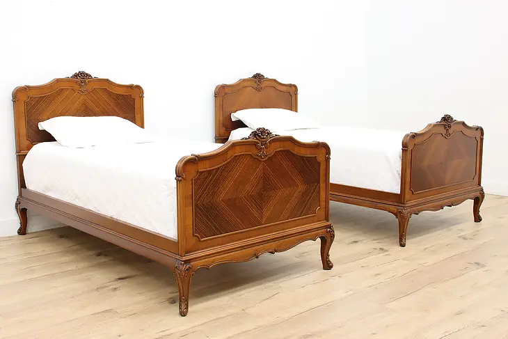 Pair of French Design Antique Walnut & Rosewood Twin Beds #46359