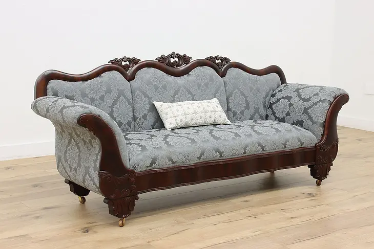 Empire Antique 1840s Carved Mahogany Sofa, New Upholstery #46129