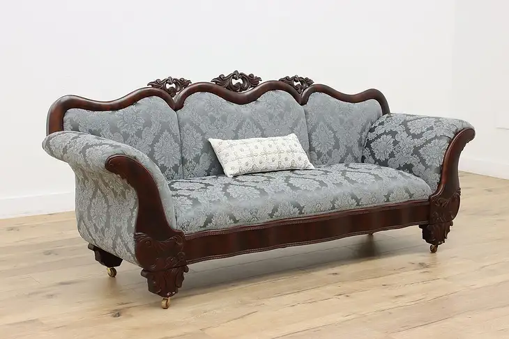 Empire Antique 1840s Carved Mahogany Sofa, New Upholstery #46129