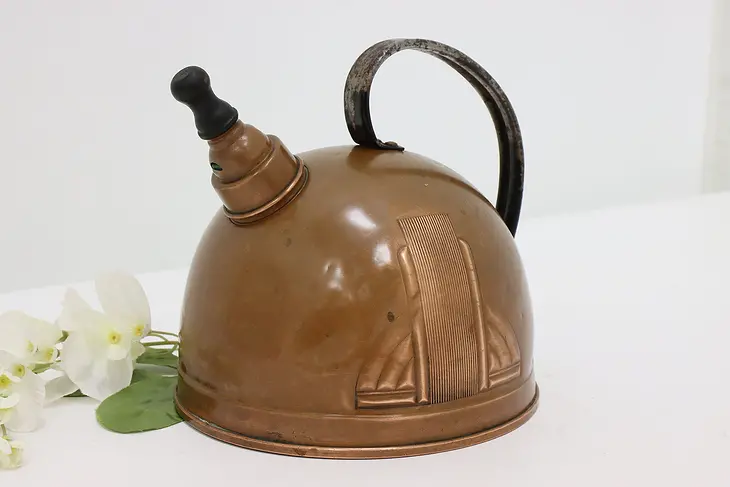 Farmhouse Art Deco Vintage Copper Whistling Tea Pot Kettle #46286