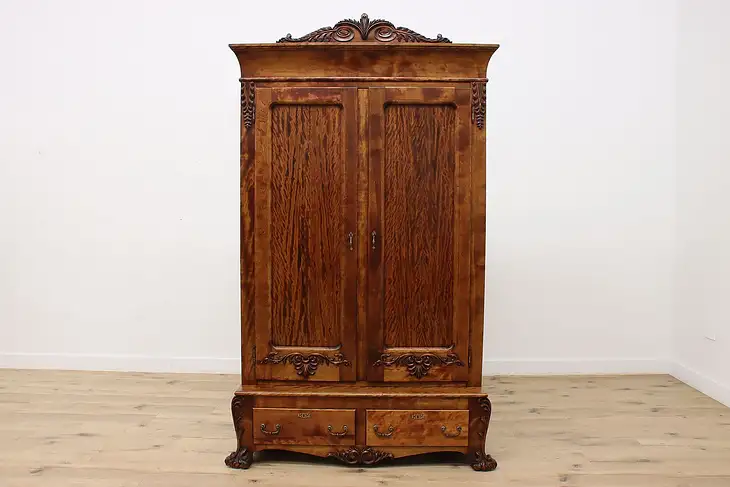 Victorian Antique Carved Figured Birch Armoire or Wardrobe #46560