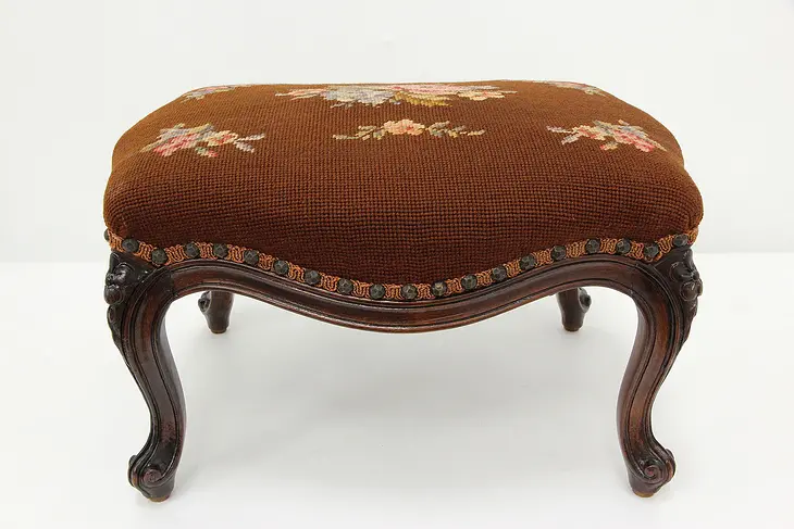 French Antique Carved Mahogany Footstool, Needlepoint #46594