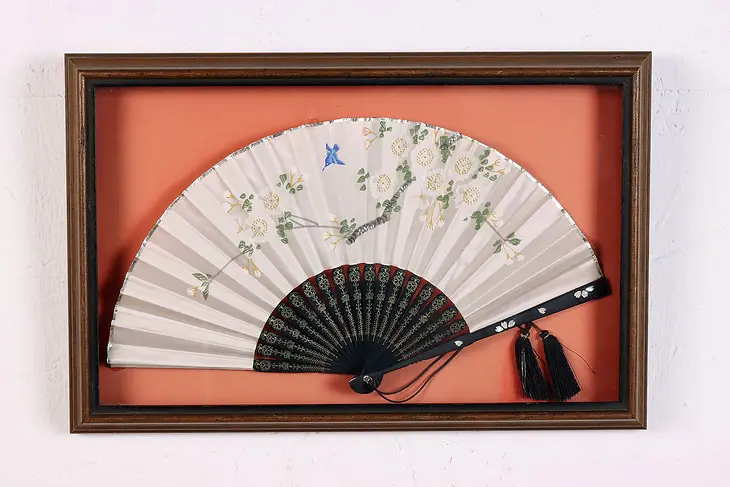 Japanese Vintage Painted Silk & Pearl Fan Shadow Box Frame #46462