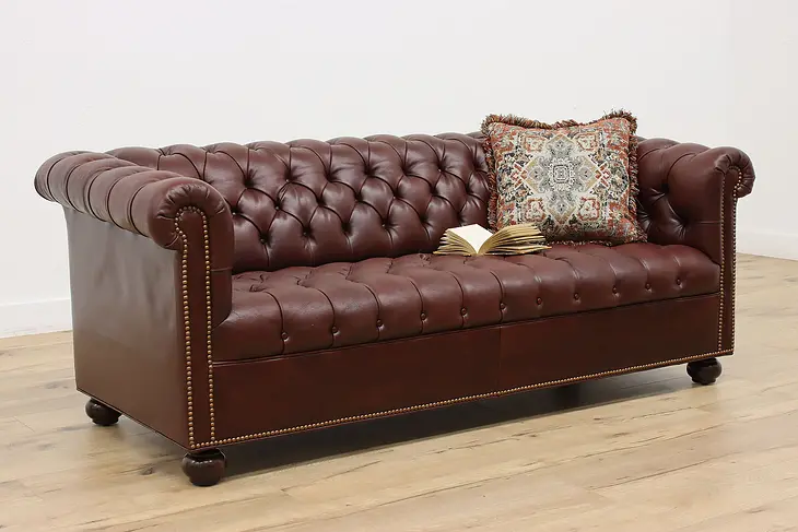 Chesterfield Tufted Leather Vintage Burgundy Sofa #46422