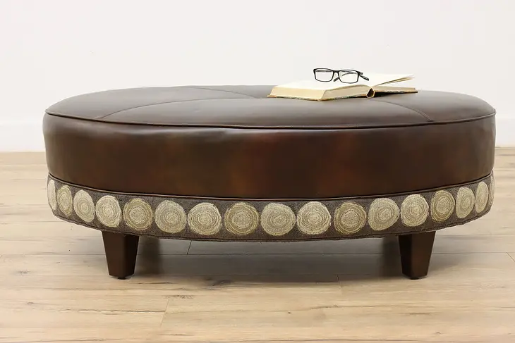 Chocolate Brown Leather Vintage Oval Ottoman or Bench #46767