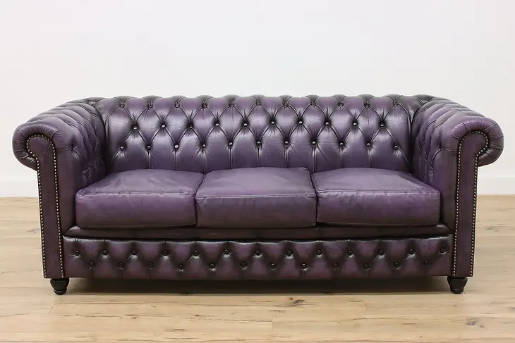 Chesterfield Tufted Purple Leather Vintage 3 Cushion Sofa #46773
