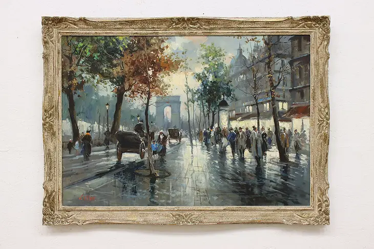 Paris at Night Vintage Original Oil Painting, Lillar 44.5" #46304