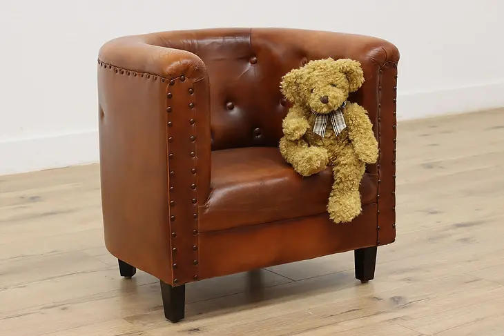 Child Size Vintage Brown Leather Armchair, Brass Nailhead #46580
