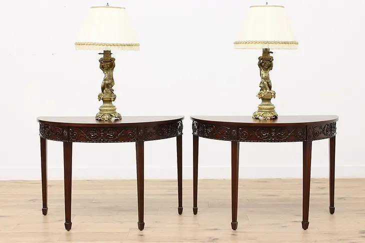 Pair of Georgian Design Mahogany Demilune Hall Console Tables #41384