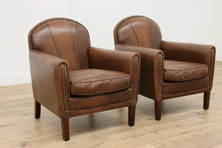 Pair of Art Deco French Vintage Leather Office Club Chairs #46570