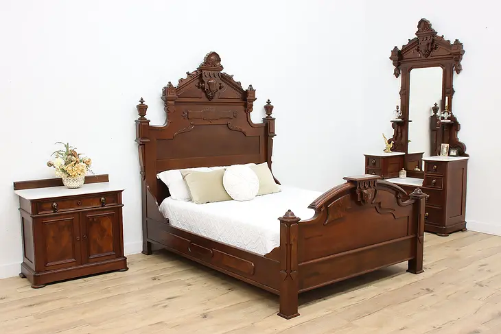 Victorian Antique Walnut 3 Pc Queen Bedroom Set Marble Tops #34491