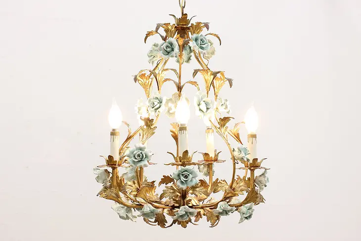 China Roses & Wrought Gold Vintage Italian Chandelier #46020