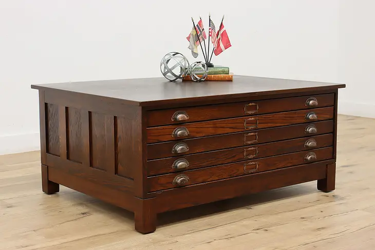 Industrial Oak Antique Map File Collector Chest Coffee Table #40767